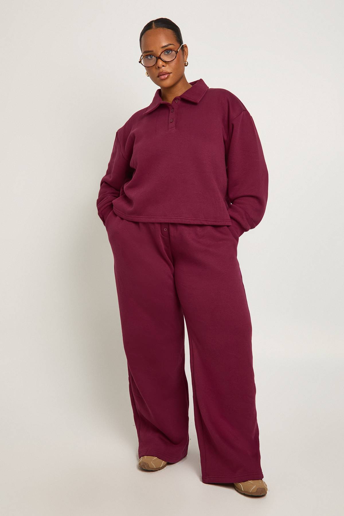 boohoo Sweatshirt à col Plus boutonné & ensemble coordonné à jambes larges