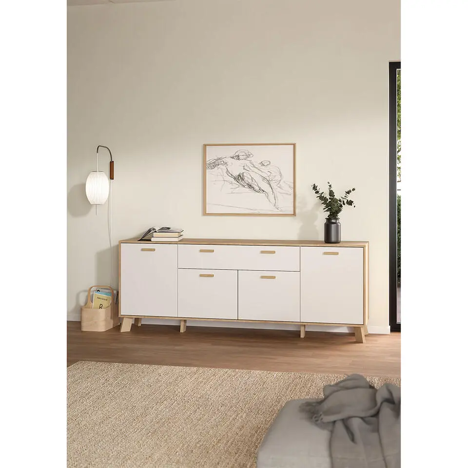 Hioshop Ikast dressoir 4 deuren- 1 lade eiken decor- wit