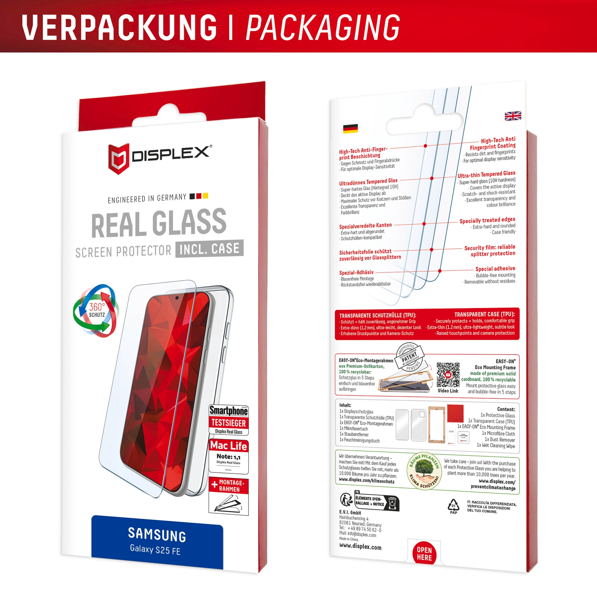 Displex Displayschutzglas »Real Glass Screen Protector inklusive Case« für Samsung Galaxy S25 FE Displayschutzfolie, Schutzfolie, Bildschirmschutz, kratz- & stossfest