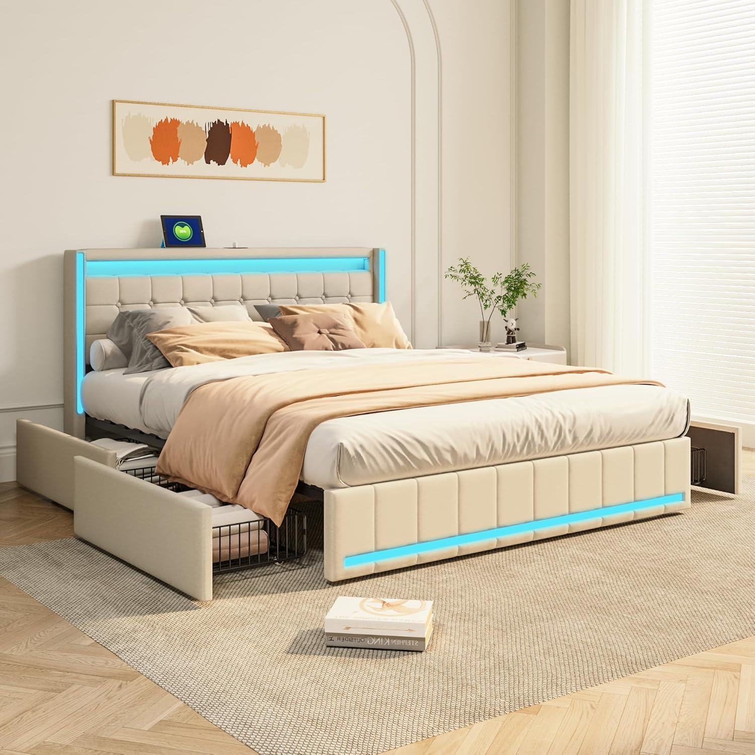 Polsterbett 140x200 cm mit LED-Kopfteil, Doppelbett mit USB-Ladefunktion und Lattenrost, 4 praktischen Schubladen und stilvollem Design, Ideal für Jugendzimmer und Moderne Räume, Ohne Matratze