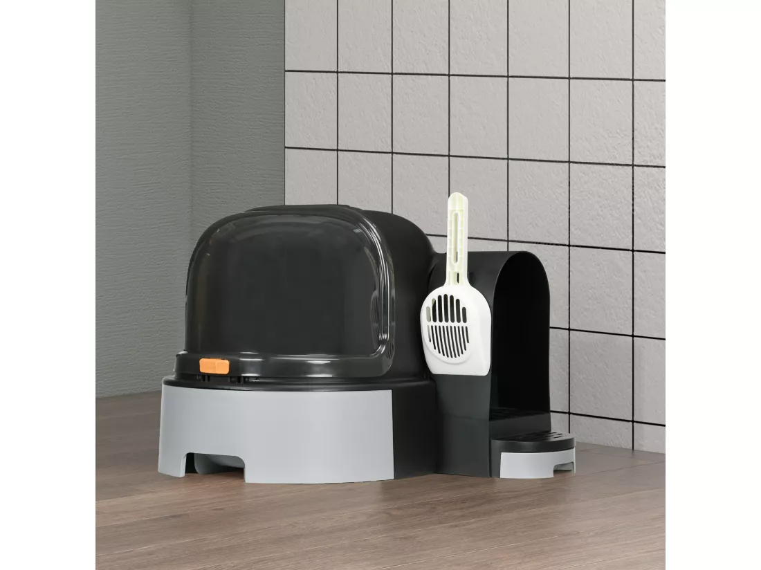 Maison de toilette litière pour chat design capsule spatiale - porte, capot ouvrant, pelle, 2 tiroirs amovibles - gris noir