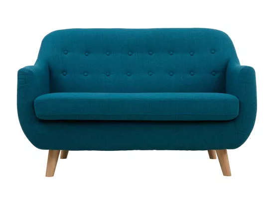 Canapé scandinave déhoussable 2 places en tissu bleu canard et bois clair YNOK
