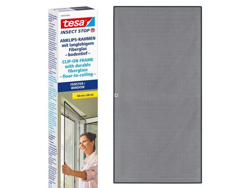 tesa Fliegengitter Insect Stop Clip on 1.2 x 2.4 m, Anthraz Insektenschutz für Fenster