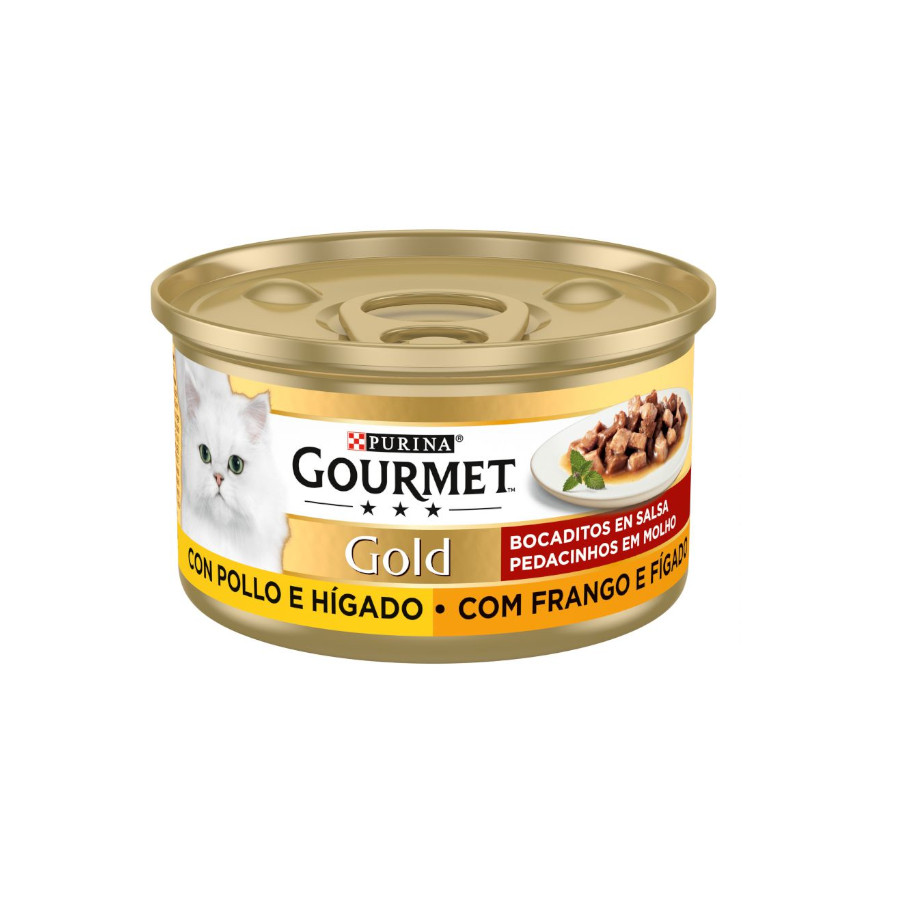 Frango e fígado ao molho gourmet em lata para gatos