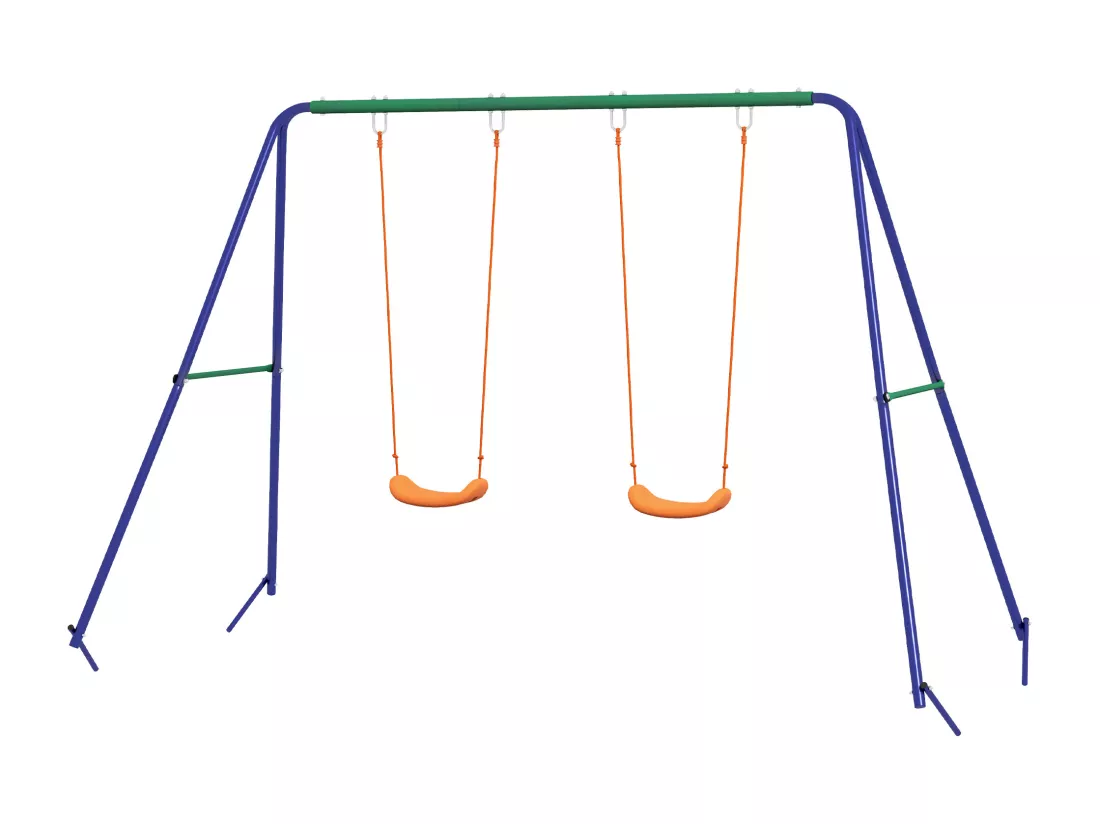 Balançoire 2 agrès portique avec 2 balançoires dim. 2,69L x 1,6l x 1,8H m métal époxy anticorrosion vert bleu PP orange