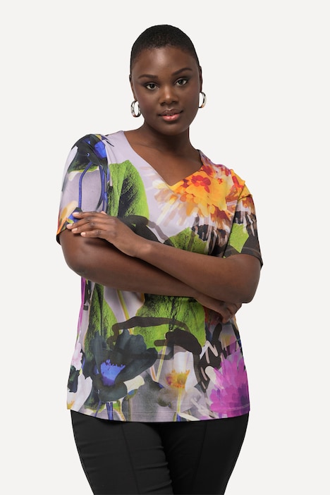 Slinkyshirt, Blüten, Herzausschnitt, Halbarm