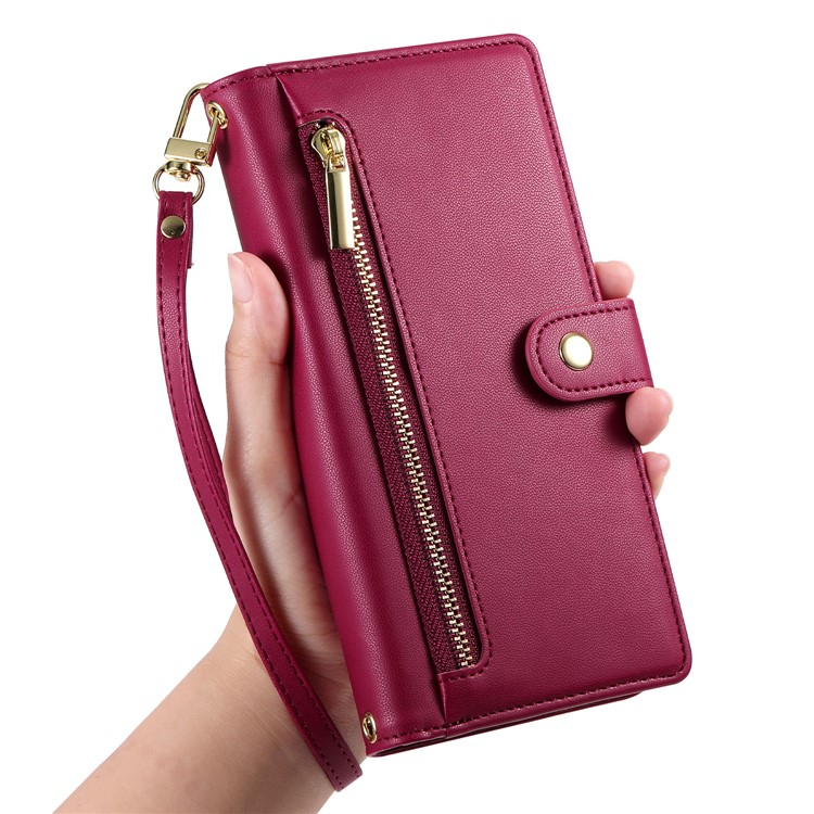 iPhone 16e Leder Tasche Flip Cover mit Reissverschluss   Handschalufe - Pink
