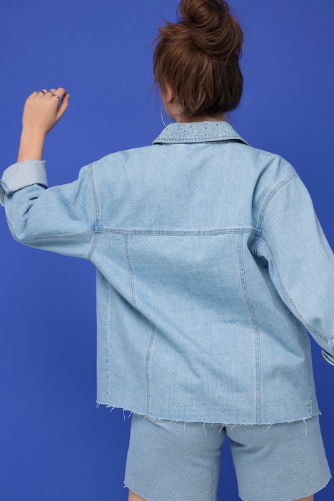 Jeansjacke, Boxy Shape, Glitzersteinchen, Hemdkragen, Langarm