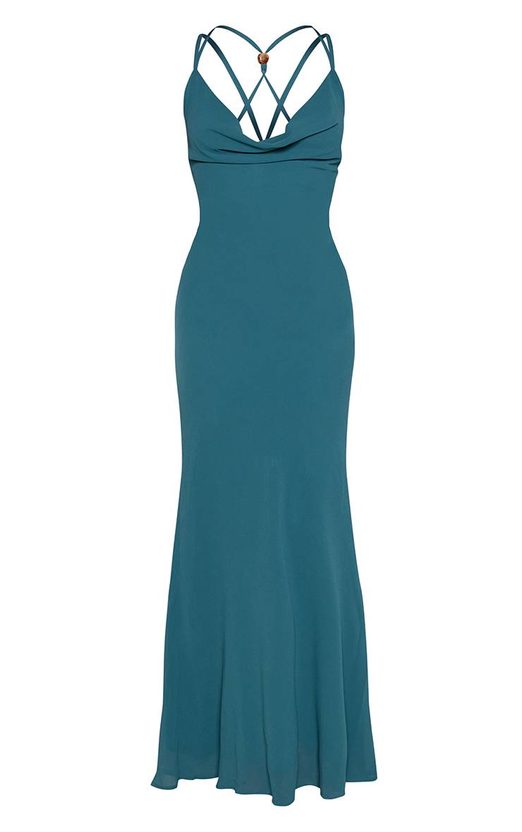 Vert Turquoise Robe Longue En Mousseline À Dos Ouvert Avec Bretelles Et Détails Perlés