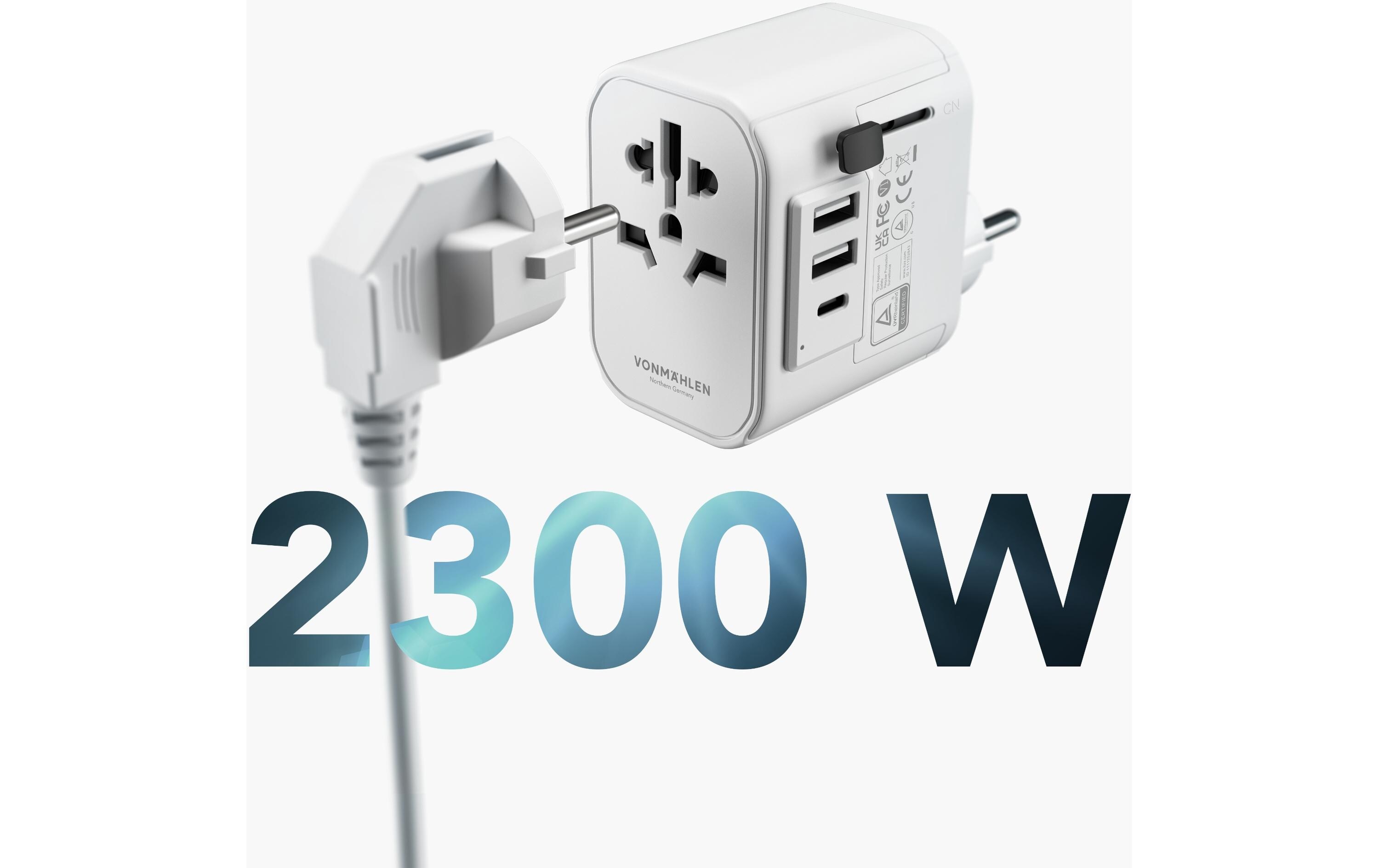 Weltreiseadapter Unity One WeissKompaktes Reiseladegerät mit drei zusätzlichen USB-Anschlüssen