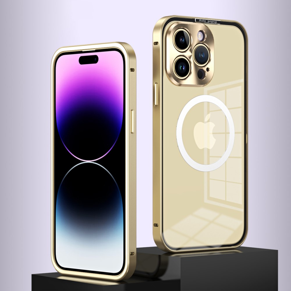 iPhone 14 Pro Max MagSafe Alu Schutzhülle mit Panzer Glas Backcover   Kameraschutz - Gold