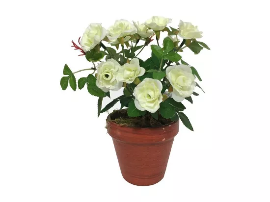 Rosier plante fleur artificielle extérieur cimetière tissu blanc 23cm