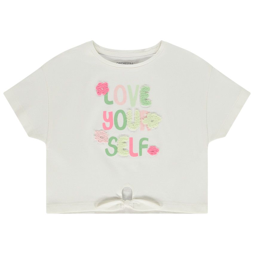 T-shirt manches courtes à nouer patchs bouclettes pour fille - Ecru