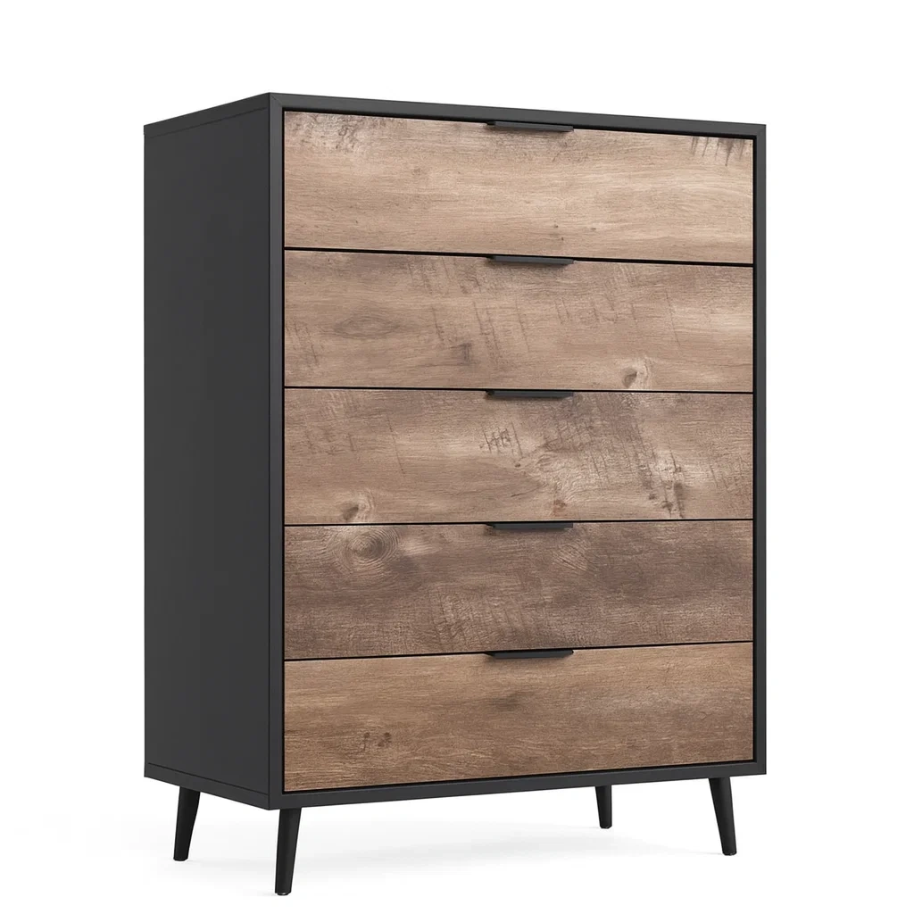 Commode à tiroirs 5 tiroirs MDF et métal noir/marron