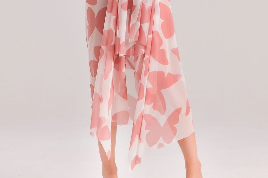SANQI - Set: Halter vlinderprint bikinitop met strik op de rug + broekje + cover-up