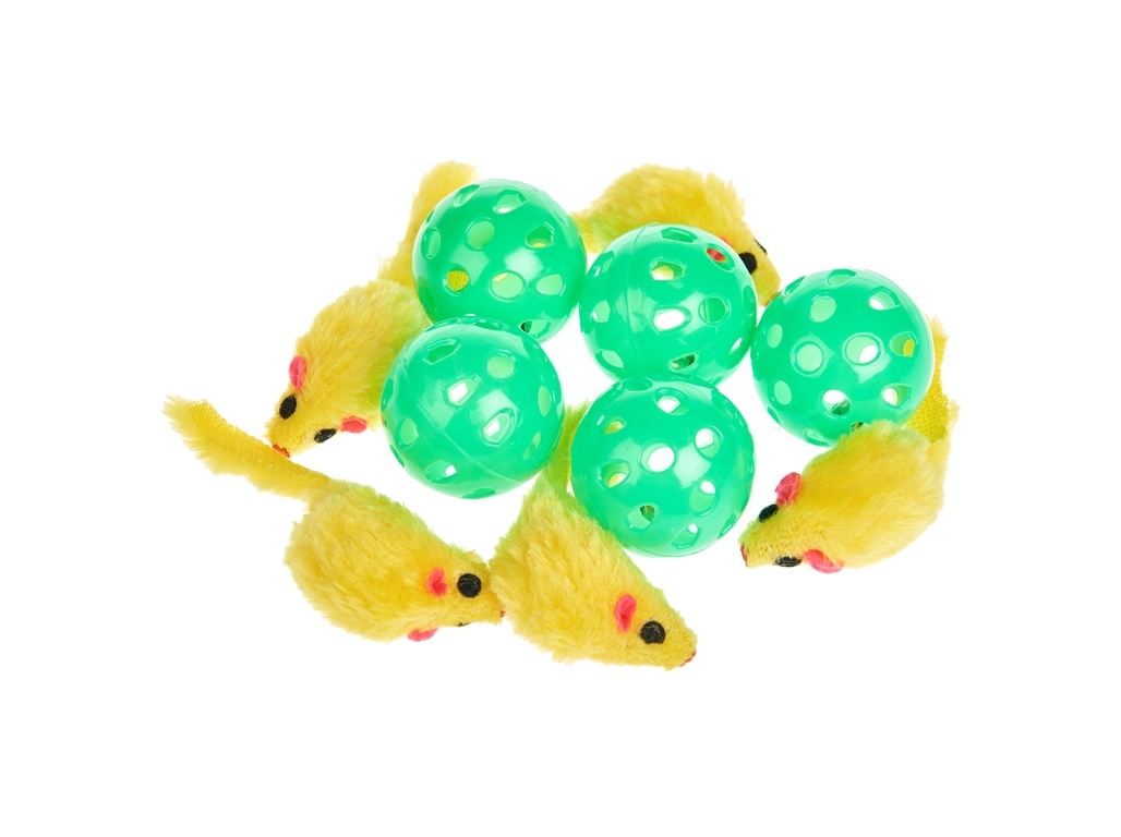 CONJUNTO DE 10 BRINQUEDOS AUCHAN AMARELO 5 RATINHOS 5 BOLAS