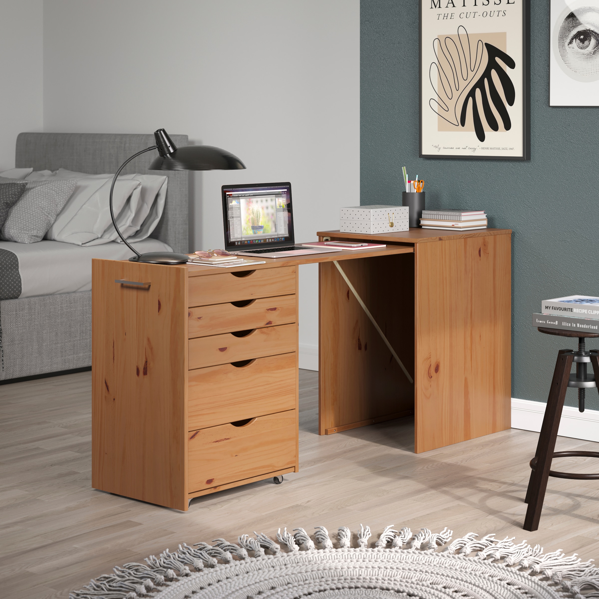 INTER-FURN Regal-Schreibtisch »Voltera« 1 Stk. tlg. kleiner Massivholz Schreibtisch, gross ausziehbar von 57 zu 164 cm