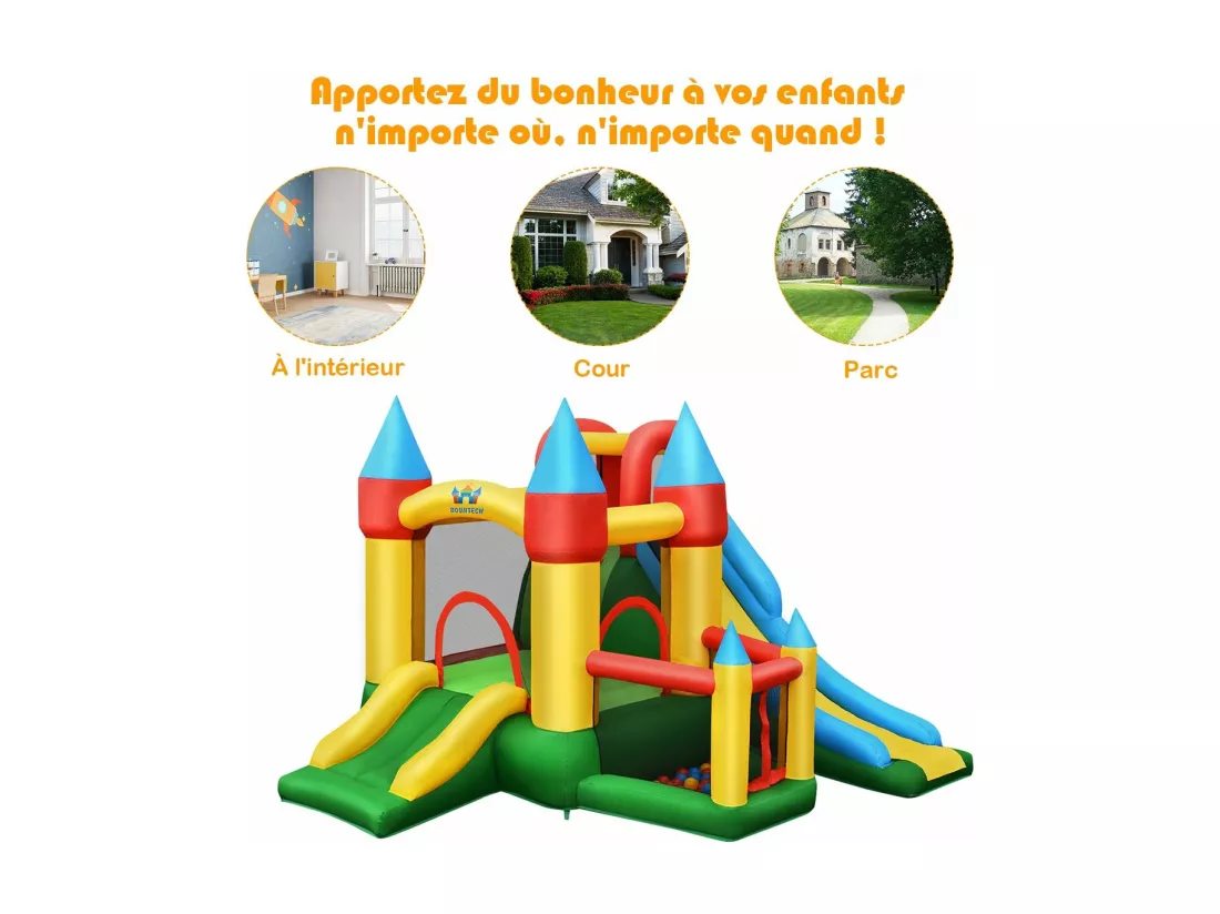 Château Gonflable avec 2 Toboggans, Aire de Saut, Piscine à Balles et Panier de Basketball, 330 x 300 x 210 cm pour Enfants 3-10 Ans Charge Max 135KG, Avec Gonfleur