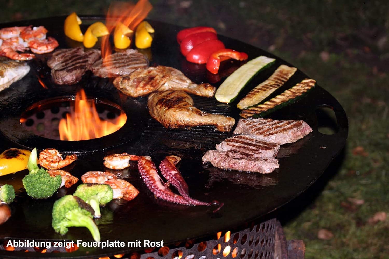 Premium Feuerplatte 80 cm - 5mm dick - Grillring & BBQ-Platte (mit Feinem Grillrost) & 4 Handgriffen - Ultimatives Grilldisk-Erlebnis für Feuertonnen & Feuerring