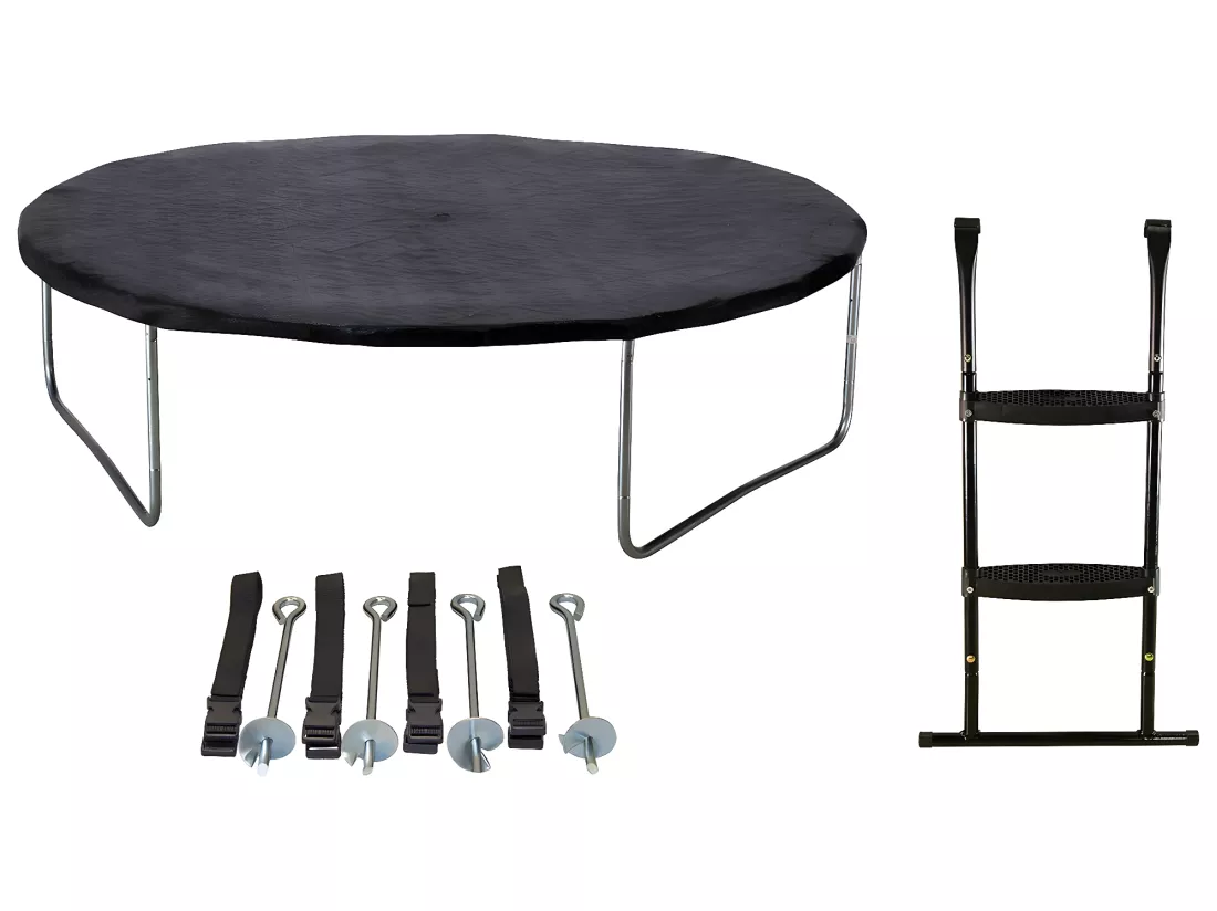 Kangui - Trampoline de jardin 244 cm + filet de sécurité + échelle + bâche de protection + kit d'ancrage JUMPI Taupe/Vert 250