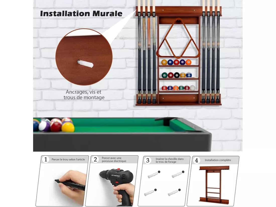 Porte-Queues de Billard Mural, Support de Billard 8 Queues et Rainures à 3 Niveaux 15 Porte-balles, 1 Porte-boules en Bois de Pin pour Salle de Billard, Club (Marron)
