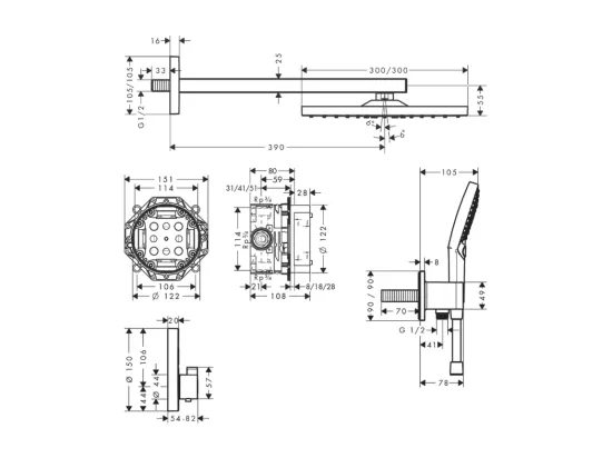 Colonne de douche encastrée thermostatique HANSGROHE ShowerSelect Square chromé