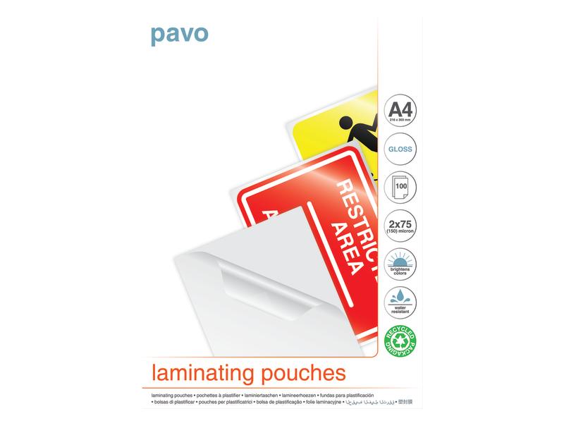 Pavo Laminierfolie A4, 75 µm, 100 Stück, Glänzend; Wasserdi Laminier-Folientaschen