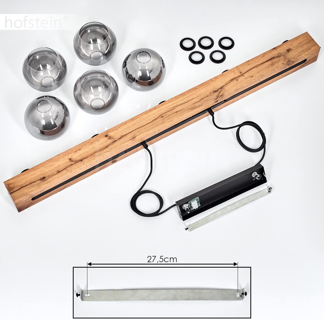 Pendelleuchte Vouhet, moderne Pendellampe aus Metall/MDF/Glas in Schwarz/Holzoptik/Braun/Chromfarben, Leuchte mit Höhe max. 122,5 cm, 5-flammig, 5 x E27, ohne Leuchtmittel