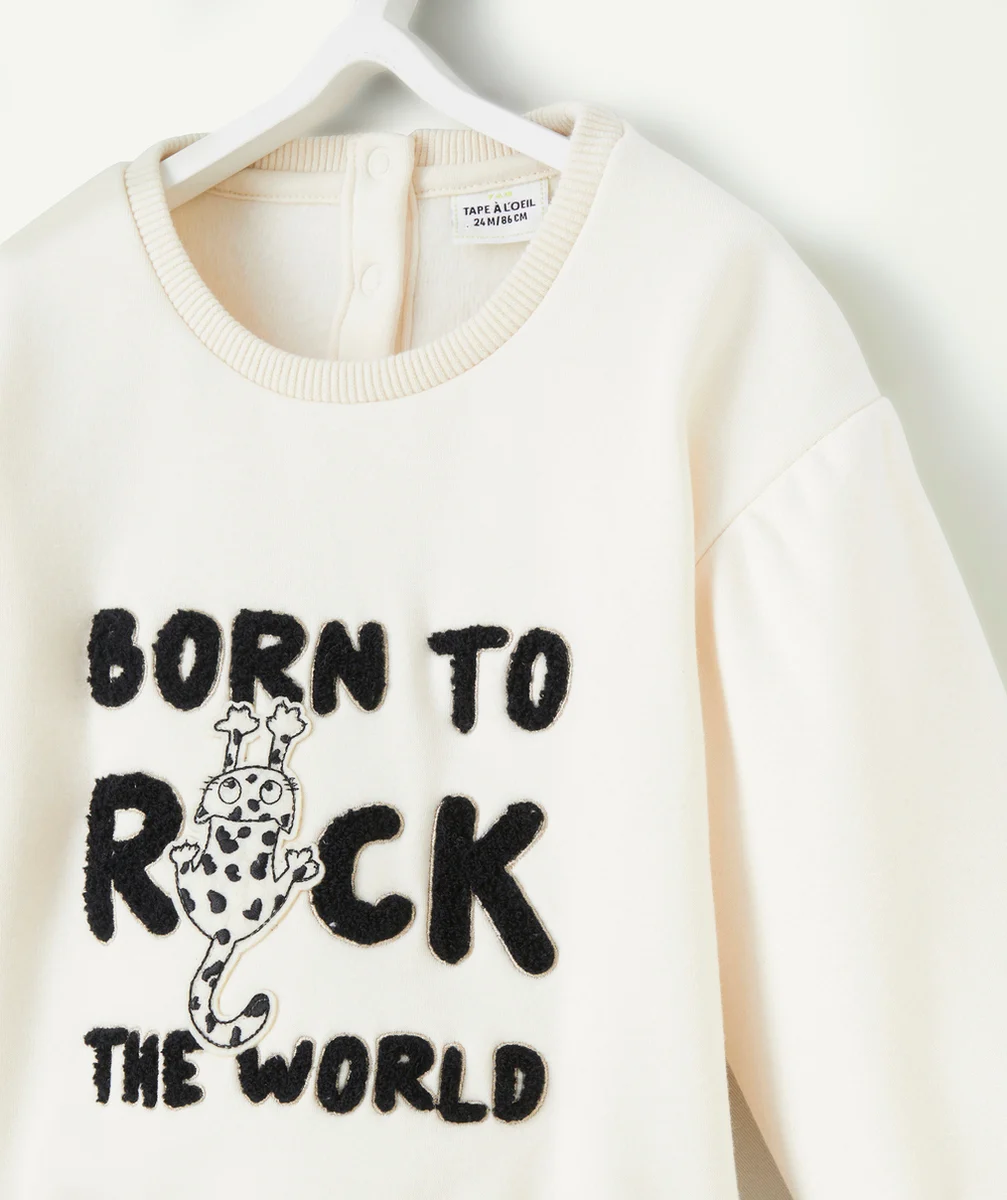 SWEAT BÉBÉ FILLE EN FIBRES RECYCLÉES ÉCRU AVEC MESSAGE EN BOUCLETTES THÈME ROCK
