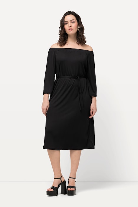 Midikleid, Strukturjersey, schulterfrei, 3/4-Arm