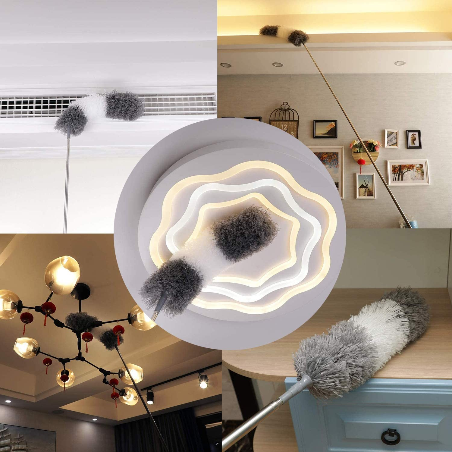 (4-tlg. Set) 2.5m Mikrofaser Staubwedel Universal Reinigungsbürsten mit Teleskopstiel - Grau