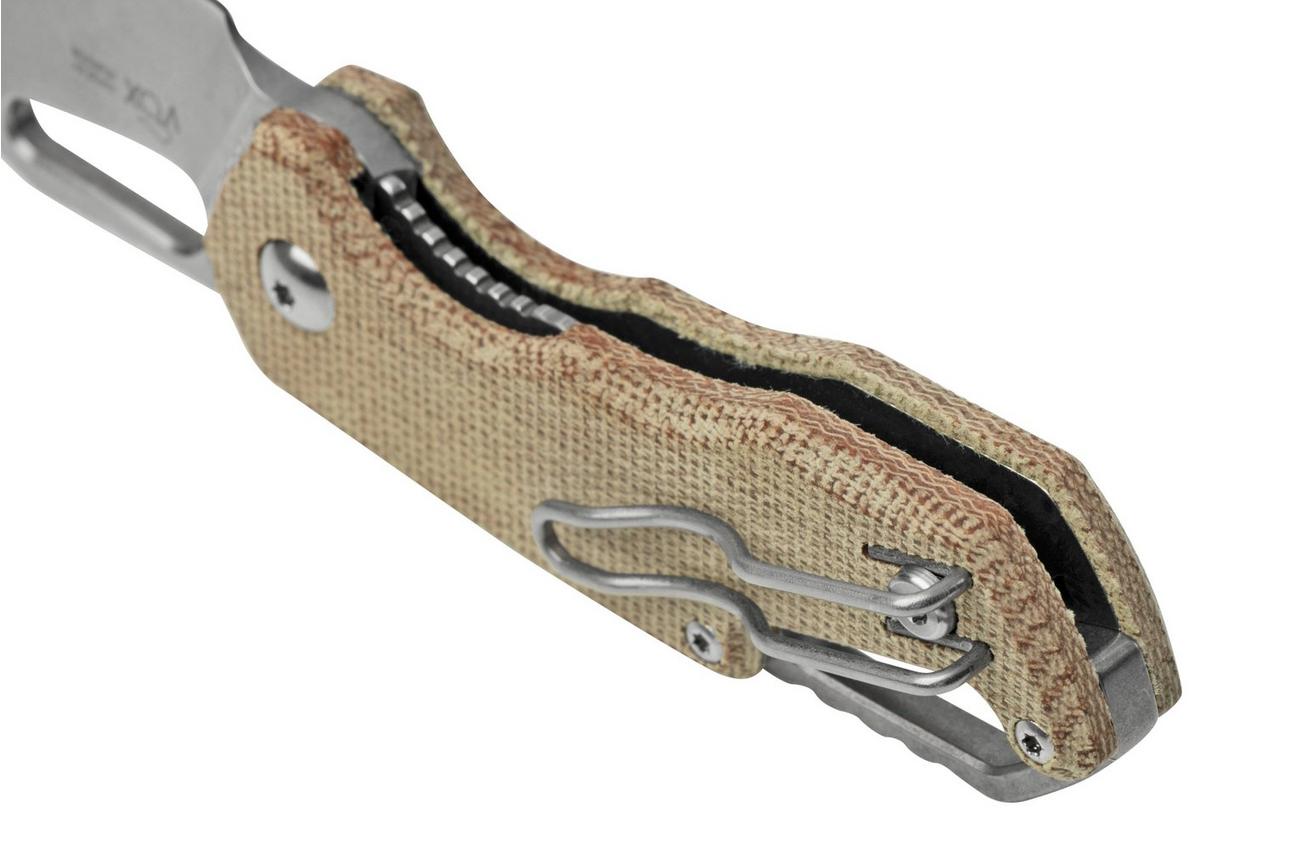 MKM Isonzo FX03M-3NC Clippoint M390, Natural Canvas Micarta zakmes, Jesper Voxnaes design