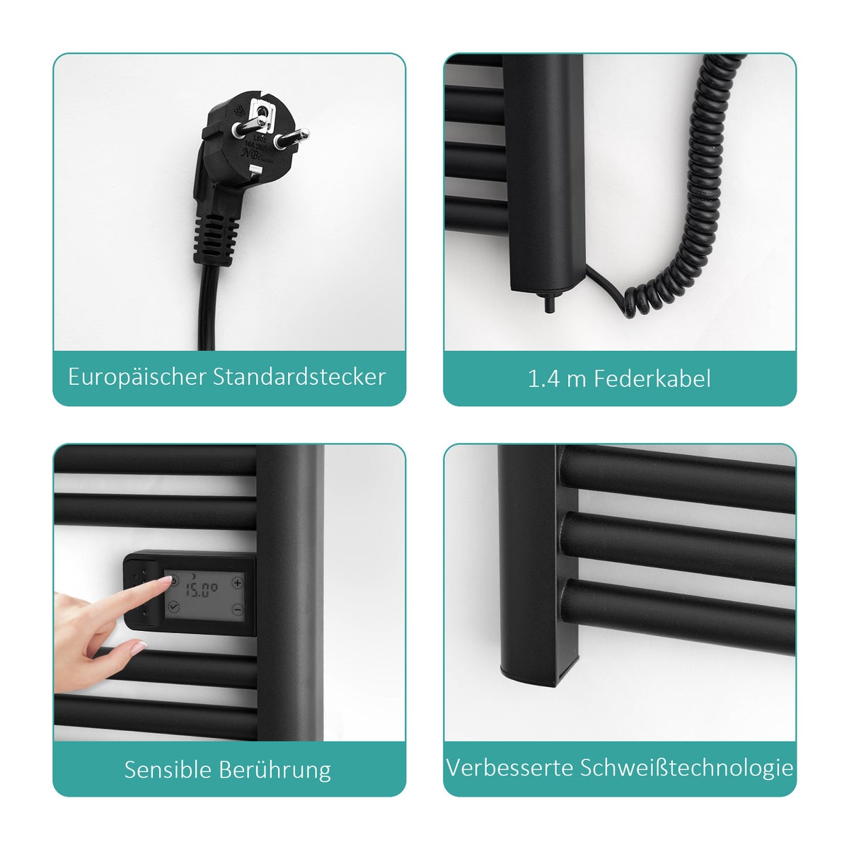 EMKE Elektrische Badkamerradiator met Intelligente Thermostaat, Recht met Zijaansluiting en Verwarmingselement, Aluminium Antraciet