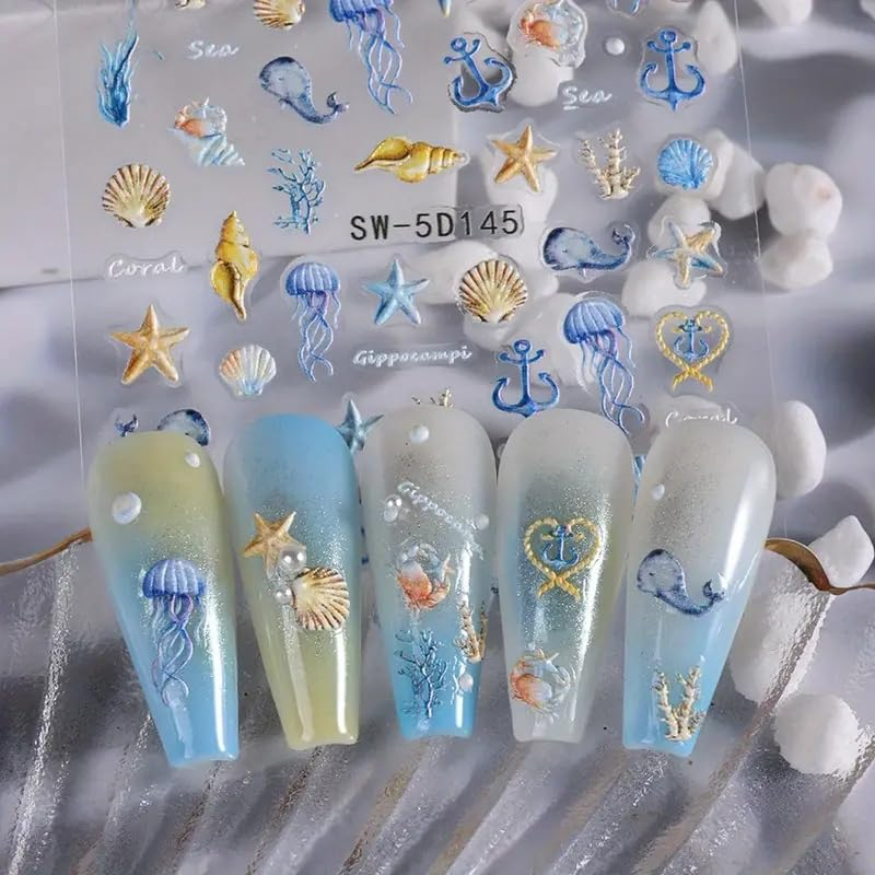 (70-tlg. Set) 5D Nagel Sticker Nail Art Tattoo Selbstklebende Aufkleber Meer - Blau / Beige