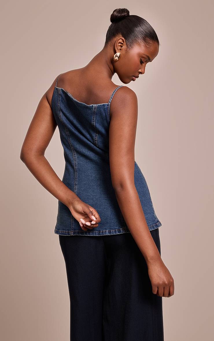 Bleu Foncé Top Caraco En Denim À Détails De Coutures Et Boutons Dorés