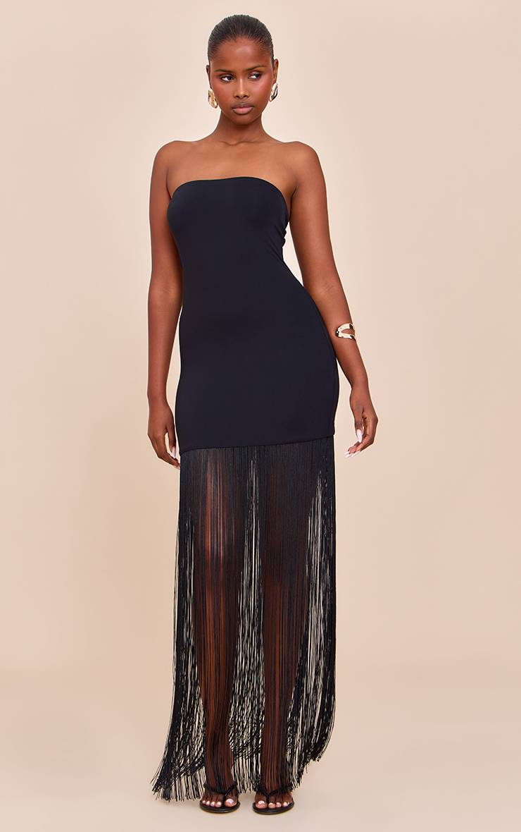 Noir Robe Maxi Bandeau À Franges Toucher Doux