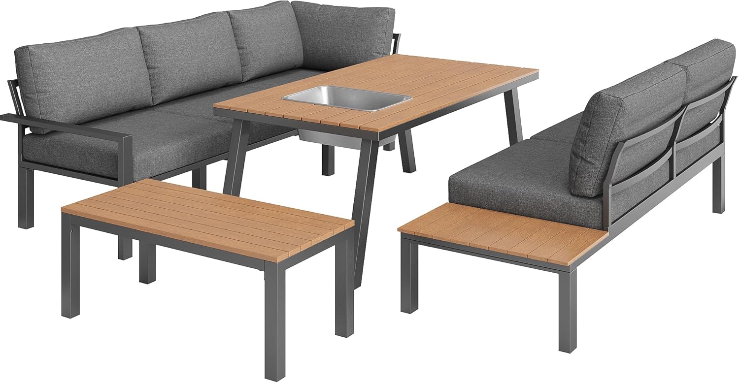 Merax Gartenmöbel Set 6-7 Personen, Lounge Sitzgruppe Outdoor mit Sofatisch & Bank, Ecksofa-Set aus verzinktem Eisen & Holz, für Garten Balkon Terrasse, inkl. Kissen, wetterfest Gartenlounge Set, Grau