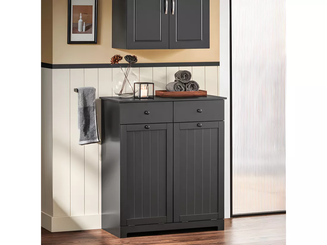 SoBuy Meuble Bas de Salle de Bain Armoire Toilette avec 2 Tiroirs et 2 Paniers à Linge Meuble de Rangement Coffre à Linge L78xP38xH91cm, Noir, BZR33-SCH