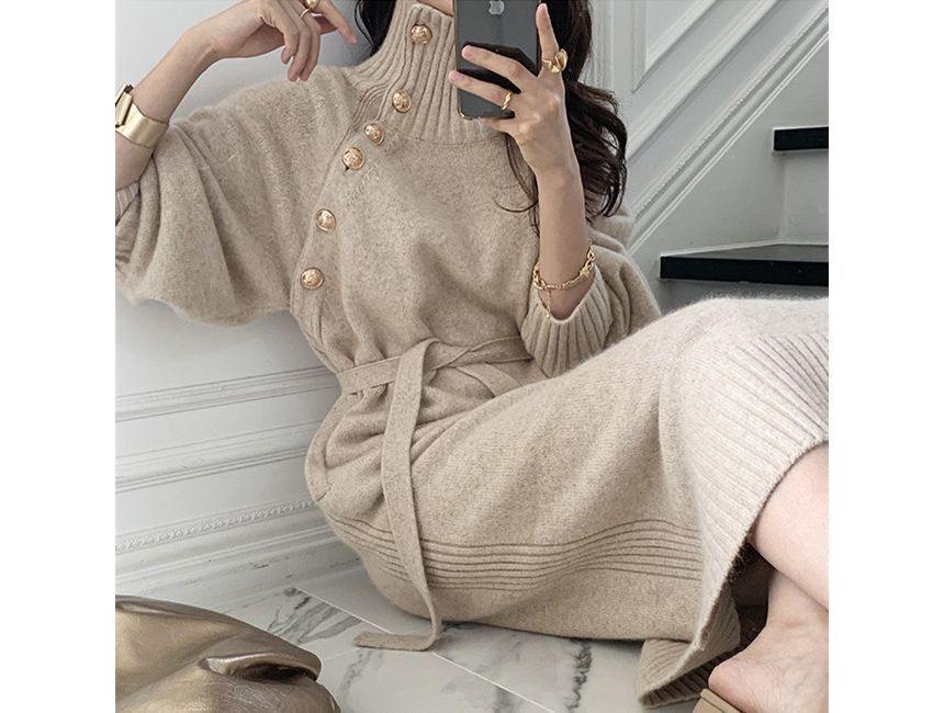 Yupina - Effen coltrui-midi-jurk met sashed-hals