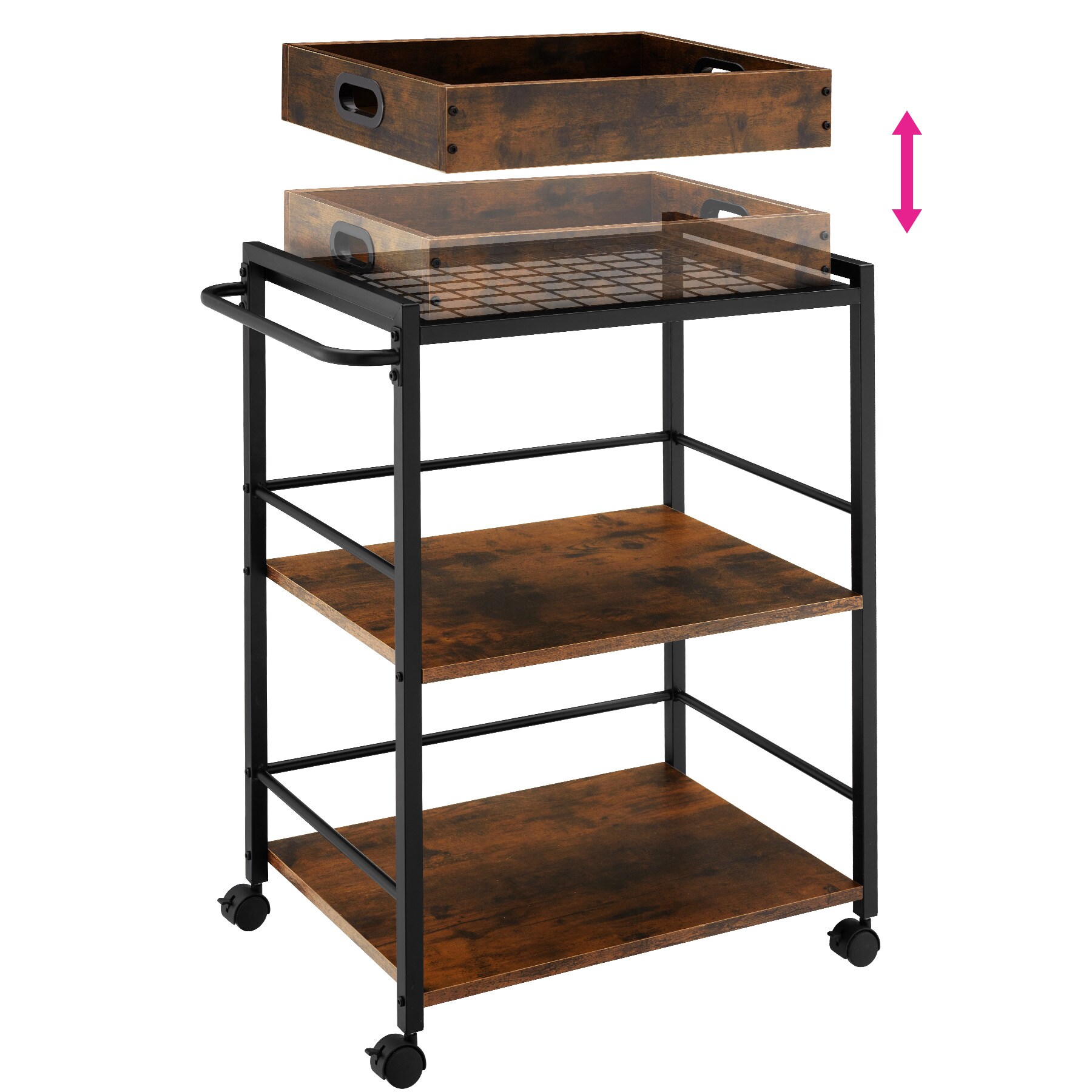 tectake® Servierwagen , Industrial Style, 3 Ebenen und abnehmbares Tablett, 65 x 41,5 x 87 cm