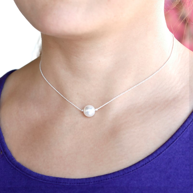 Collier ras du cou en argent 925 rhodié avec perle de crystal nacré blanc