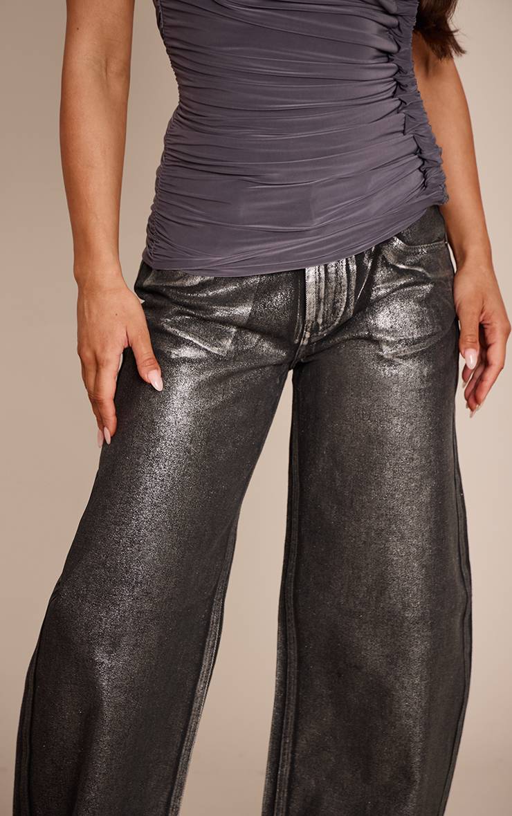 Noir Jean Barrel Taille Mi-haute À Revêtement Métallisé