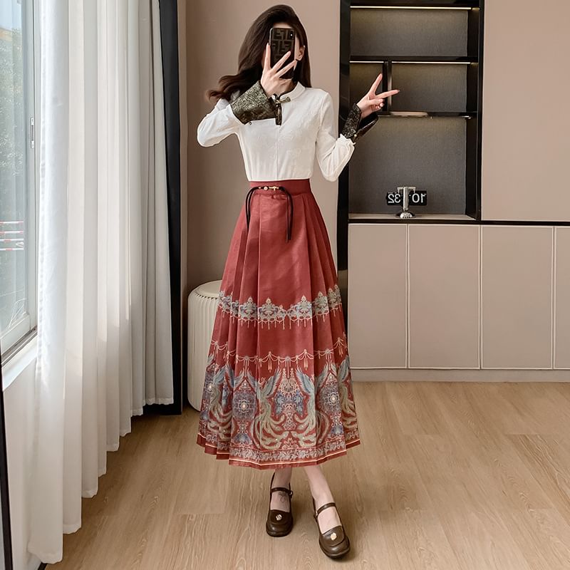 Fioridi - Hanfu-top met lange mouwen en bloemenprint en manchetten / Midi-rok met hoge taille en paisleyprint / Set