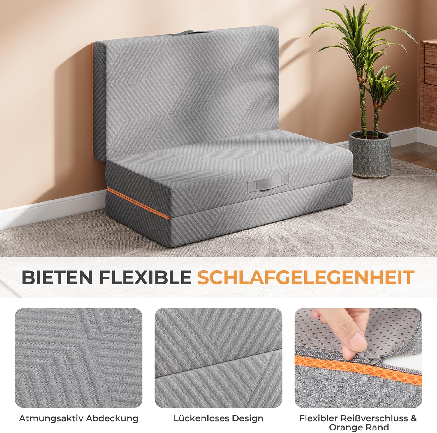 Vesgantti Klappmatratze Gästematratze 90x200cm, Höhe 15cm, 3-teilige Gel Schaumstoff Faltmatratze für Reisen, Camping, Boden, Gästebett, waschbarem Bezug Faltbare Matratze Öko-Tex Zertifiziert