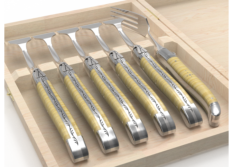 Service de 6 fourchettes Laguiole avec un manche en érable onde et mitres en acier inoxydable
