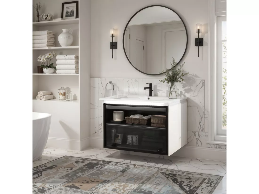 Meuble de salle de bain suspendu - avec vasque à encastrer, LED à induction et porte en verre - blanc - 61.5x46.5x47cm