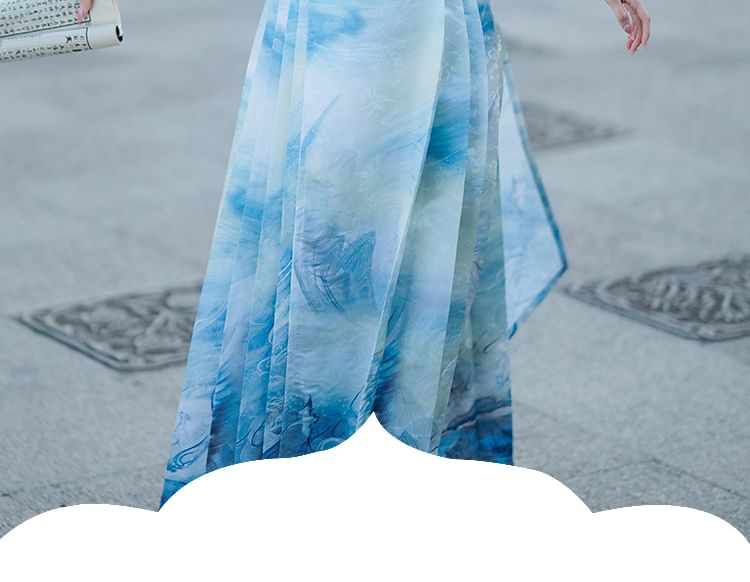 Fioridi - Hanfu-top met korte mouwen, geborduurd met bloemenmotief en knopen, / Midi-rok met hoge taille en zeeprint