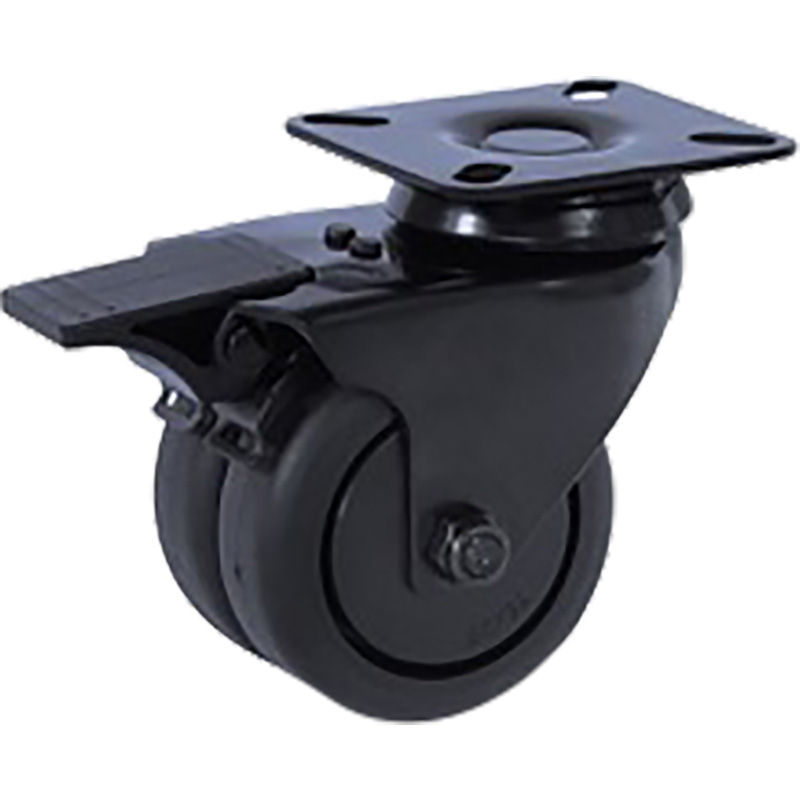 Dubbel zwenkwiel TP-rubber met rem zwart 77x67mm - 150kg draagvermogen