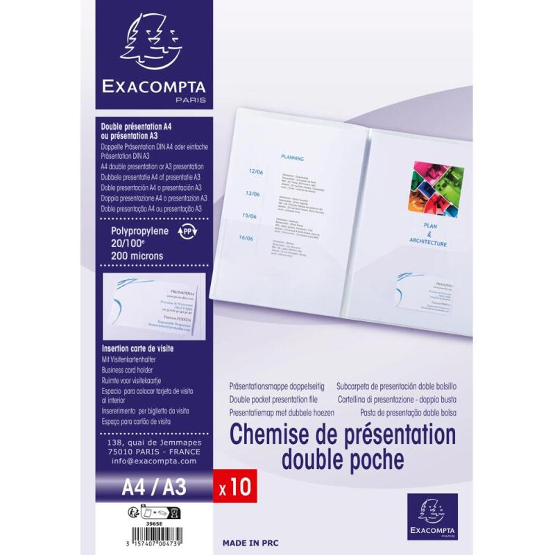 Sachet de 10 chemises double poche polypropylène souple 2/10e - A4 ou A3