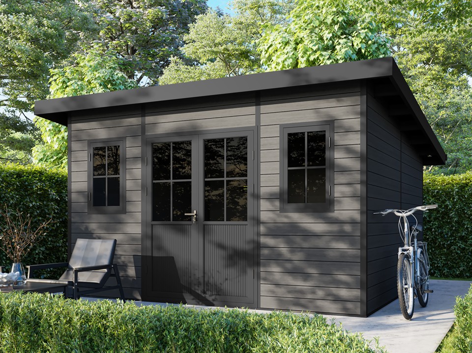 Abri bois composite sintra - 15m2 gris - epaisseur des madriers : 28mm - cabane de jardin - porte double - gouttiere